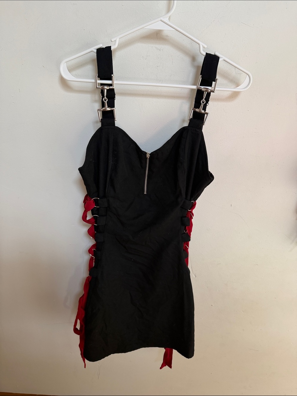 Social Collision Black Mini Dress with Red Side Ribbon Accents